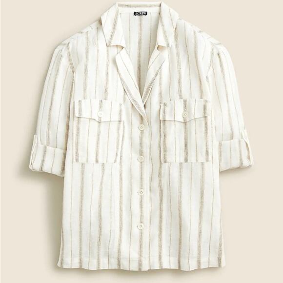 J.Crew Womens 2 Camp Collar Shirt Stripe Featherweight Linen Blend Gold Blouse - Picture 3 of 12